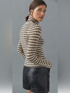 Maeve Anthropologie Black and Beige Checked/Striped Ribbed Turtleneck Sweater